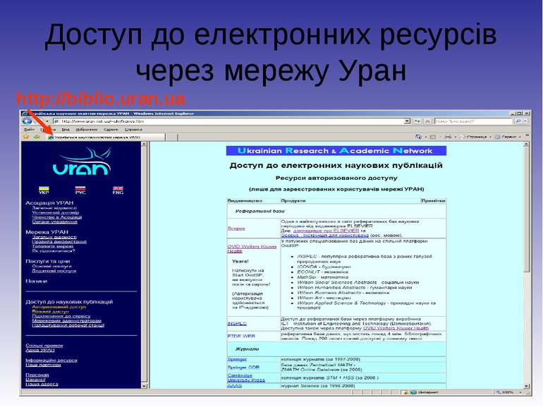 Доступ до електронних ресурсів через мережу Уран http://biblio.uran.ua