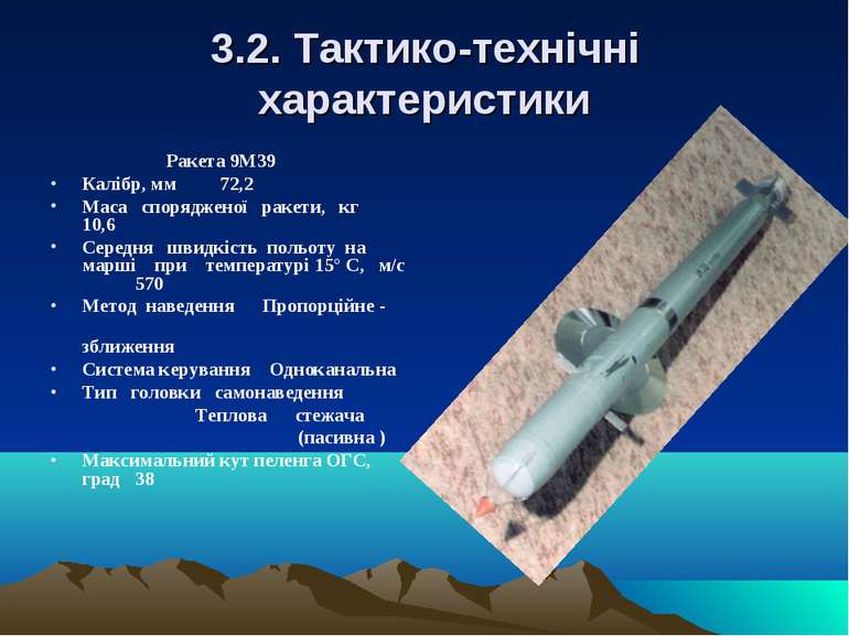 3.2. Тактико-технічні характеристики Ракета 9М39 Калібр, мм 72,2 Маса спорядж...