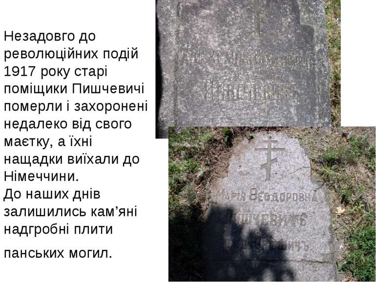 Незадовго до революційних подій 1917 року старі поміщики Пишчевичі померли і ...