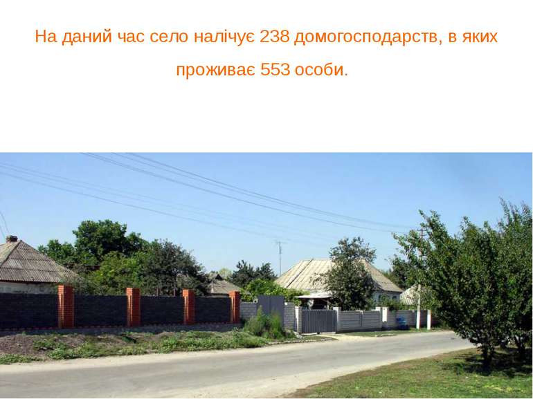 На даний час село налічує 238 домогосподарств, в яких проживає 553 особи.