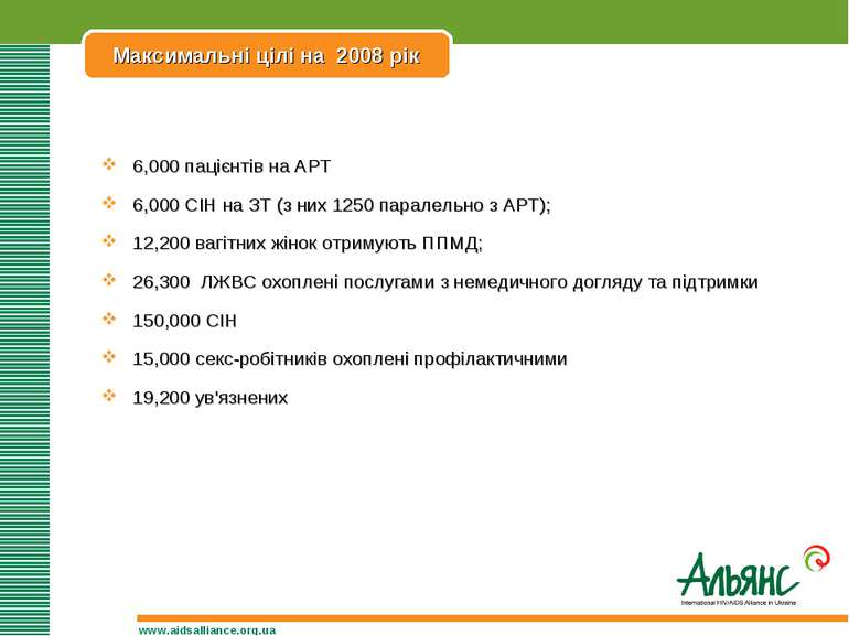 Максимальні цілі на 2008 рік www.aidsalliance.org.ua 6,000 пацієнтів на АРТ 6...