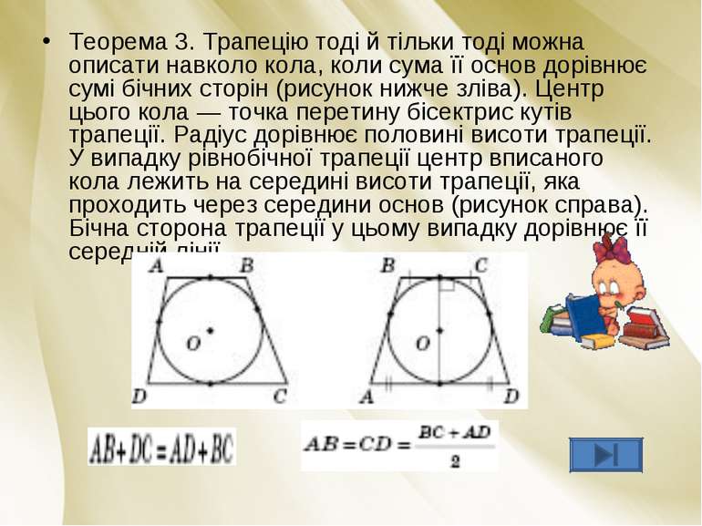 Теорема 3. Трапецію тоді й тільки тоді можна описати навколо кола, коли сума ...