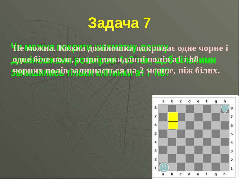 Задача 7 Чи можна покрити шахматну дошку доміношками розміром 1x2 так, щоб ві...
