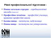 Рівні професіональної підготовки : Повна загально-середня – середньоосвітні з...