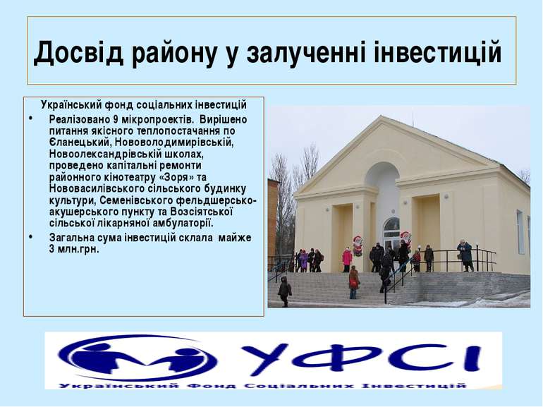 Досвід району у залученні інвестицій Український фонд соціальних інвестицій Р...
