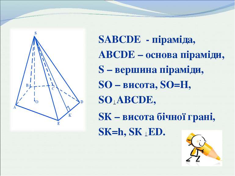 SABCDE - піраміда, ABCDE – основа піраміди, S – вершина піраміди, SО – висота...