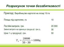 Розрахунок точки беззбитковості Приклад: Виробництво картоплі на площі 10 га