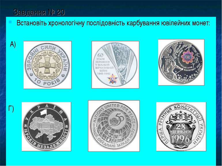 Завдання № 20 Встановіть хронологічну послідовність карбування ювілейних моне...