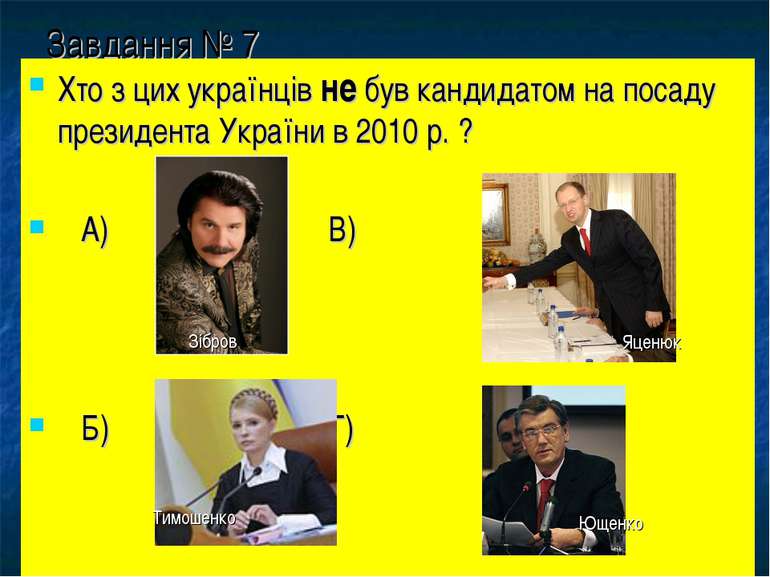 Завдання № 7 Хто з цих українців не був кандидатом на посаду президента Украї...
