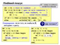 Лінійний пошук nX := 0; for i:=1 to N do if A[i] = X then begin nX := i; brea...