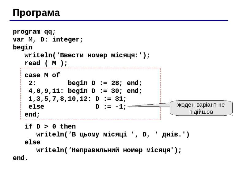 Програма program qq; var M, D: integer; begin writeln(‘Ввести номер місяця:')...