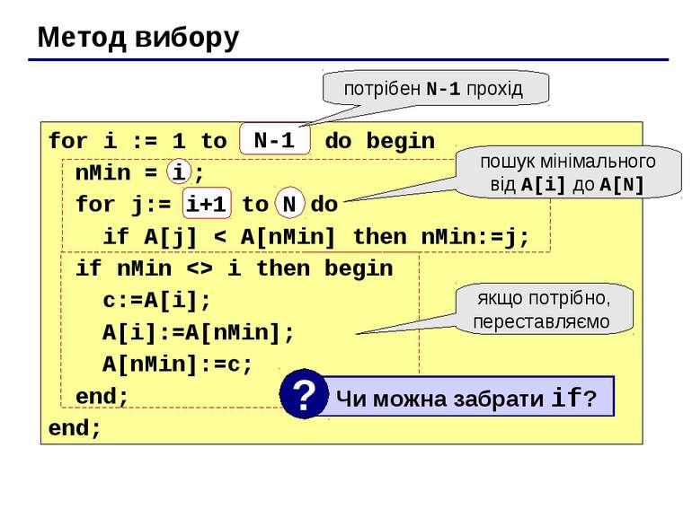 Метод вибору for i := 1 to N-1 do begin nMin = i ; for j:= i+1 to N do if A[j...