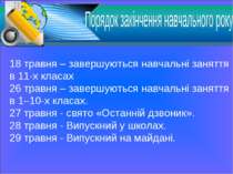 18 травня – завершуються навчальні заняття в 11-х класах 26 травня – завершую...