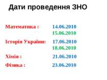 Математика : 14.06.2010 15.06.2010 Історія України: 17.06.2010 18.06.2010 Хім...