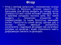 Фтор Фтор у вигляді органічних i неорганічних сполук міститься в багатьох орг...