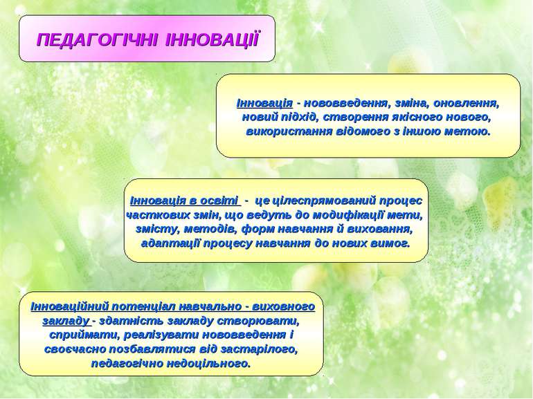 ПЕДАГОГІЧНІ ІННОВАЦІЇ Інновація - нововведення, зміна, оновлення, новий підхі...