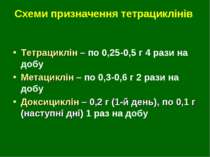 Схеми призначення тетрациклінів Тетрациклін – по 0,25-0,5 г 4 рази на добу Ме...