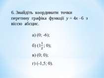 6. Знайдіть координати точки перетину графіка функції у = 4х –6 з віссю абсцис.