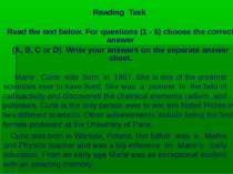 Reading Task Read the text below. For questions (1 - 6) choose the correct an...