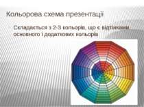 Кольорова схема презентації Складається з 2-3 кольорів, що є відтінками основ...