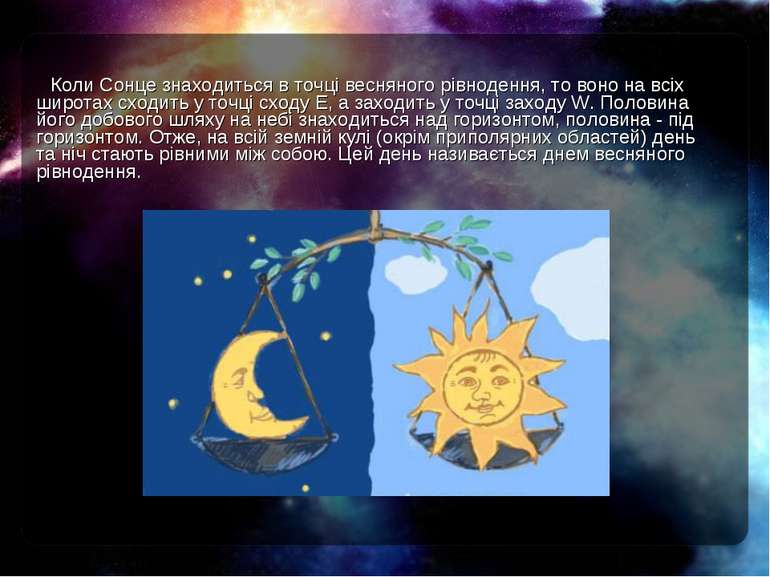 Коли Сонце знаходиться в точці весняного рівнодення, то воно на всіх широтах ...