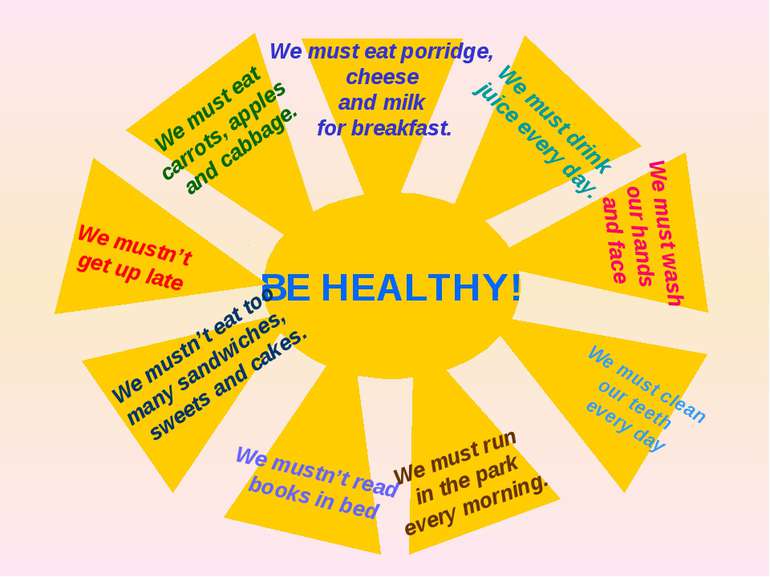 BE HEALTHY! We must eat porridge, cheese and milk for breakfast. We must drin...