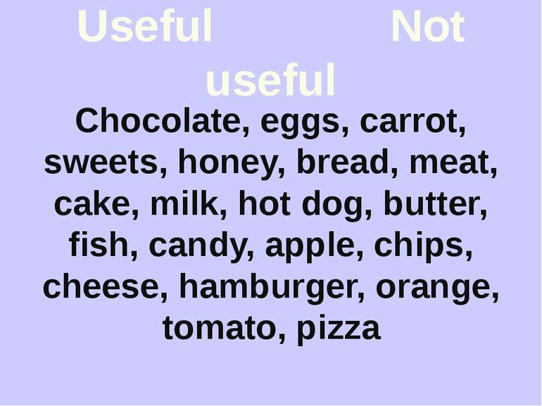 Useful Not useful Chocolate, eggs, carrot, sweets, honey, bread, meat, cake, ...