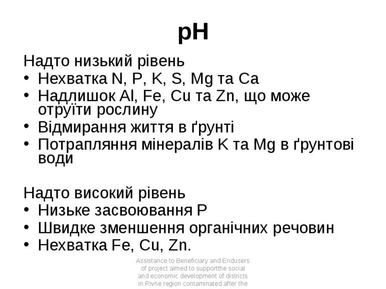 pH Надто низький рівень Нехватка N, P, K, S, Mg та Ca Надлишок Al, Fe, Cu та ...