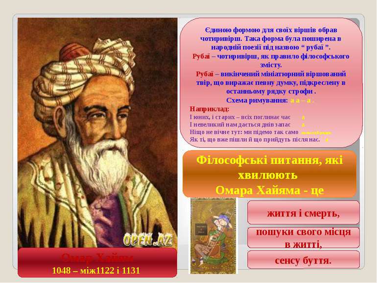 Омар Хайям 1048 – між1122 і 1131 Єдиною формою для своїх віршів обрав чотирив...