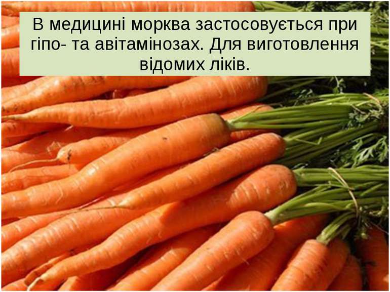 В медицині морква застосовується при гіпо- та авітамінозах. Для виготовлення ...