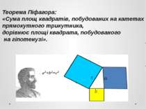 Теорема Піфагора: «Сума площ квадратів, побудованих на катетах прямокутного т...