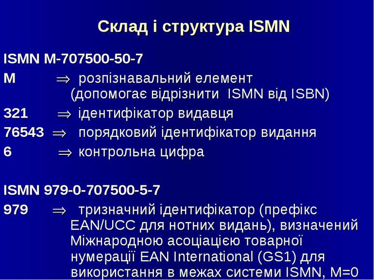 Склад і структура ISMN ISМN М-707500-50-7 М розпізнавальний елемент (допомога...