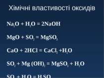 Хімічні властивості оксидів Na2O + H2O = 2NaOH MgO + SO2 = MgSO3 CaO + 2HCl =...