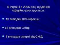 В Україні в 2006 році щоденно офіційно реєструється: 43 випадки ВІЛ-інфекції;...
