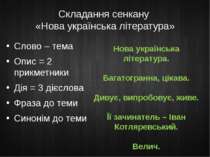 Складання сенкану «Нова українська література» Слово – тема Опис = 2 прикметн...