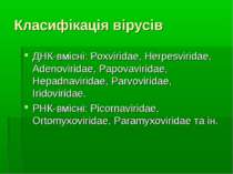 Класифікація вірусів ДНК-вмісні: Poxviridae, Herpesviridae, Adenoviridae, Pap...