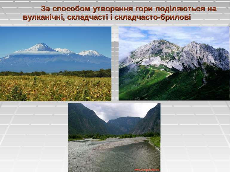 За способом утворення гори поділяються на вулканічні, складчасті і складчасто...