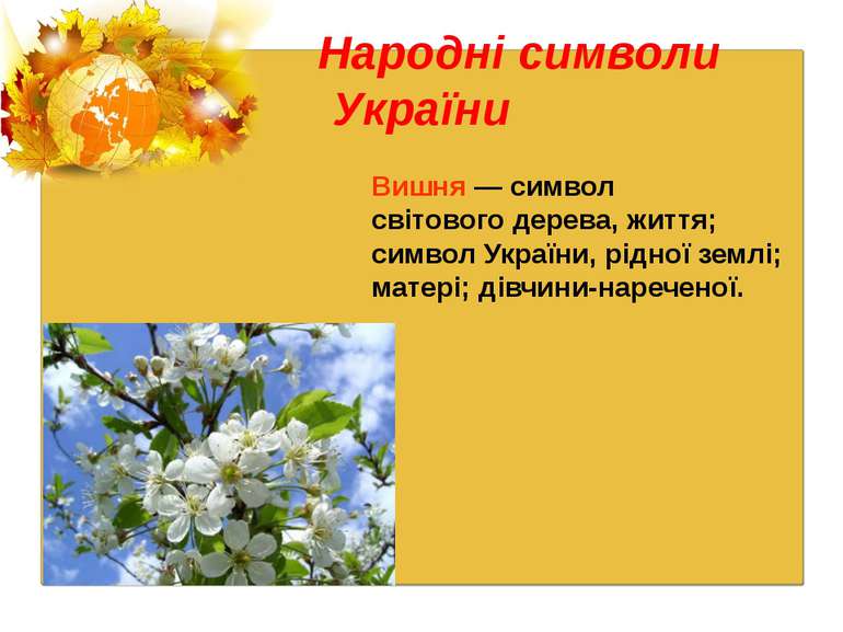 Народні символи України Вишня — символ світового дерева, життя; символ Україн...