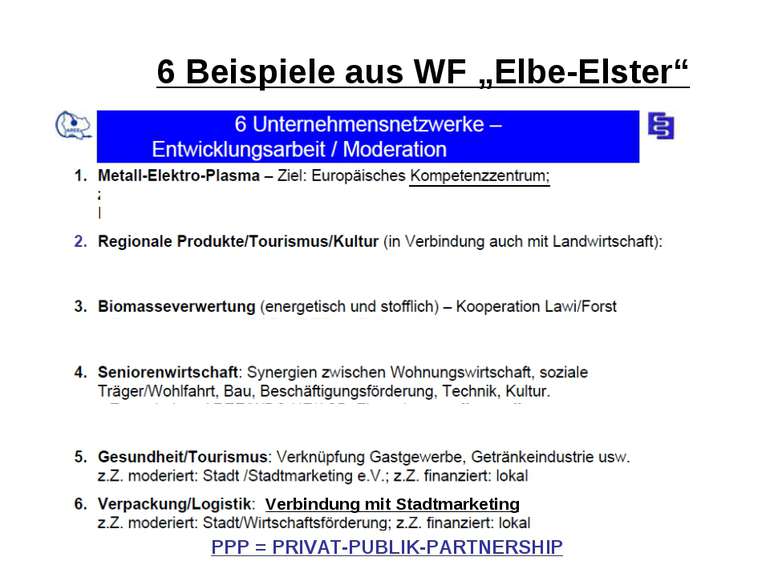 6 Beispiele aus WF „Elbe-Elster“ PPP = PRIVAT-PUBLIK-PARTNERSHIP Verbindung m...