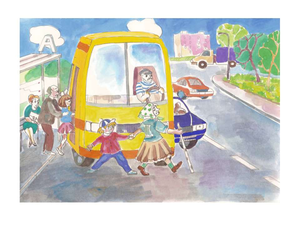Вежливая улица. При выходе из автобуса рисунок. Девочка переходит дорогу, обходя автобус спереди.. Автобус ПДД рисунок. Вежливая улица рисунок.
