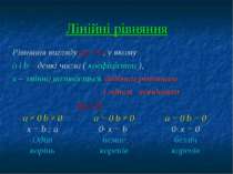 Лінійні рівняння Рівняння вигляду ах = b, у якому а і b – деякі числа ( коефі...