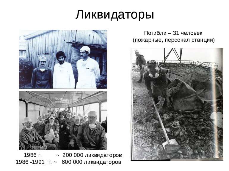 Ликвидаторы Погибли – 31 человек (пожарные, персонал станции) 1986 г. ~ 200 0...