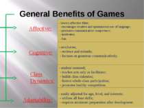 General Benefits of Games Affective: Cognitive: Class Dynamics: Adaptability:...