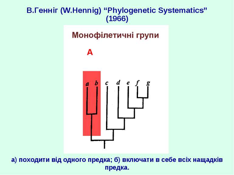 В.Генніг (W.Hennig) “Phylogenetic Systematics” (1966) а) походити від одного ...