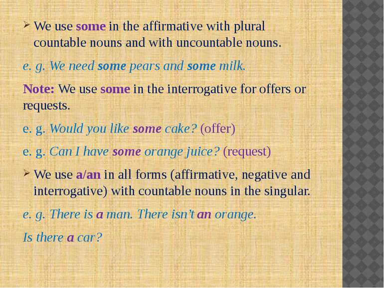We use some in the affirmative with plural countable nouns and with uncountab...