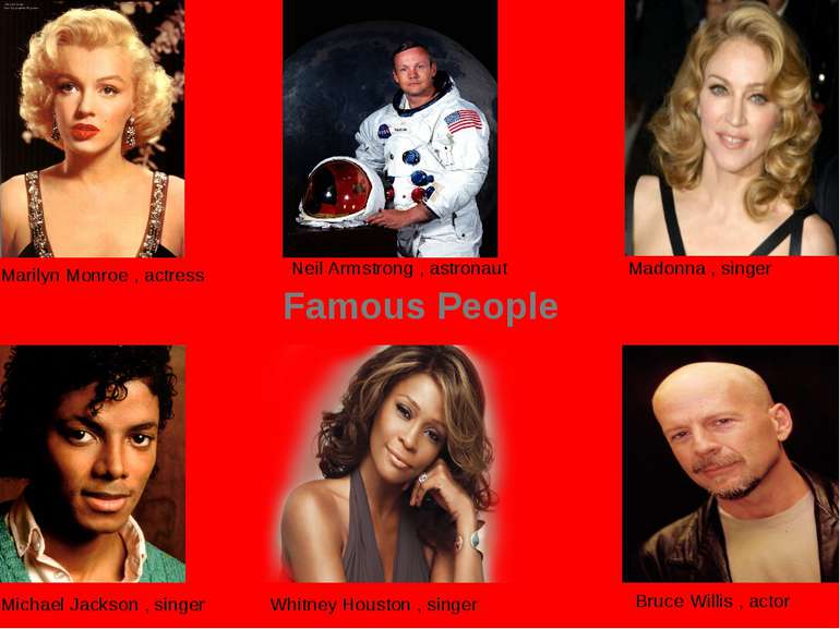 Famous People Marilyn Monroe , actress Madonna , singer Neil Armstrong , astr...