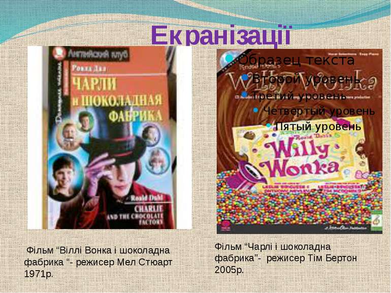 Екранізації Фільм “Віллі Вонка і шоколадна фабрика “- режисер Мел Стюарт 1971...