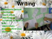 Writing - dictations (lexical, selective); “each other checking up”; schemes ...