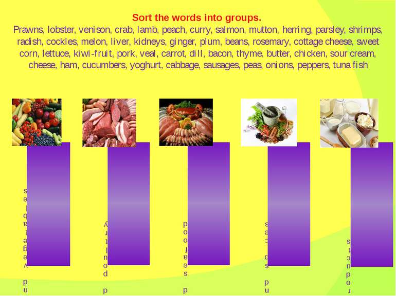 Sort the words into groups. Prawns, lobster, venison, crab, lamb, peach, curr...
