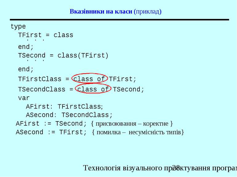 Вказівники на класи (приклад) type TFirst = class . . . end;   TSecond = clas...